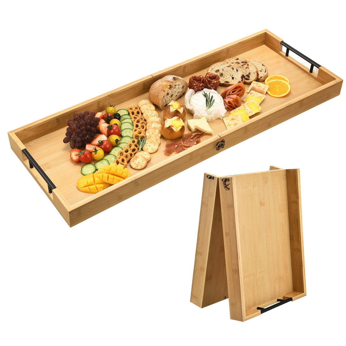 Unique Bargains - Large Charcuterie Board with Handles, 32x12 Inch Foldable Bamboo Serving Board for Meat, Party, Fruit - Yellow