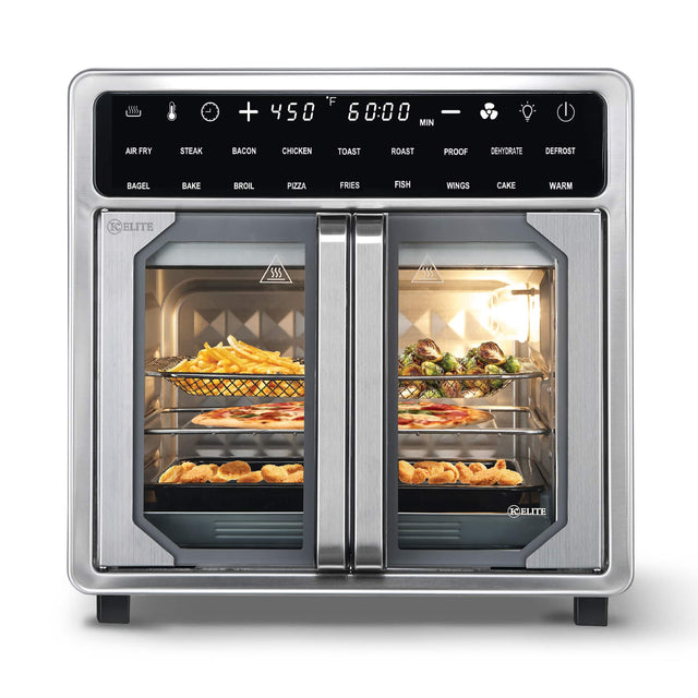 F + 450 60:00 6 MIN AIR FRY STEAK BACON CHICKEN TOAST ROAST PROOF DEMYDRATE DEFROST BAGEL BAKE BROIL PIZZA FRIES FISH WINGS CAKE WARM K ELITE SS5 555 K ELITE