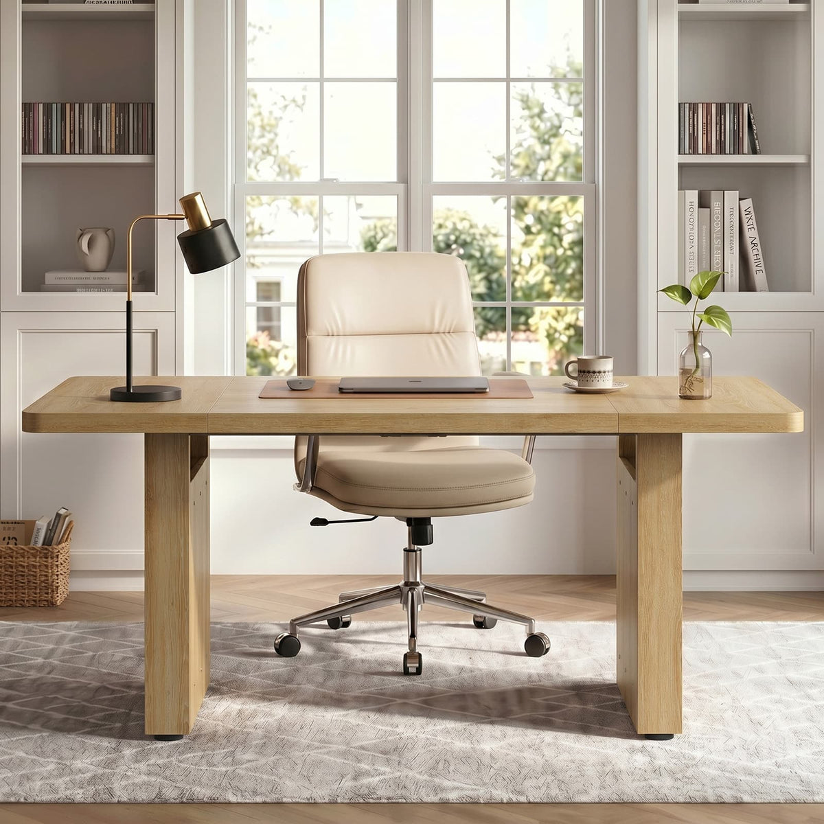Bestier - 63" Large Modern Fluted Executive Desk, Multi-Purpose Computer Office & Dining Table with 1.5" Thick Top - Natual Oak