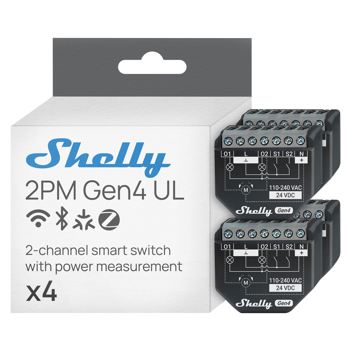 Shelly - 2PM Gen4 UL, Smart 2-channel Relay Switch with Power Metering, Wi-Fi, Matter, Home Automation, No Hub- 4 pack - Black