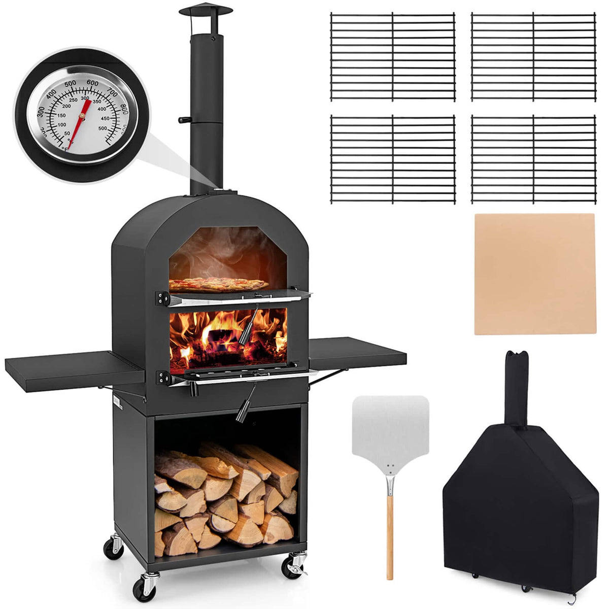 Costway - Outdoor Pizza Oven Wood Fired Pizza Oven with Protective Cover 12" Pizza Stone - Black