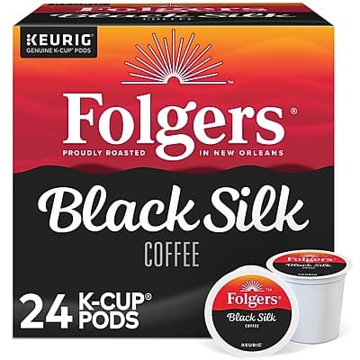 Folgers  
Proudly Roasted in New Orleans  
Black Silk Coffee  
24 K-Cup Pods  
Keurig Genuine K-Cup Pods