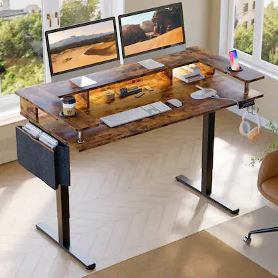 Bestier - 58" wide Electric Standing Desk Adjustable with LED Light Storage and Monitor Stand