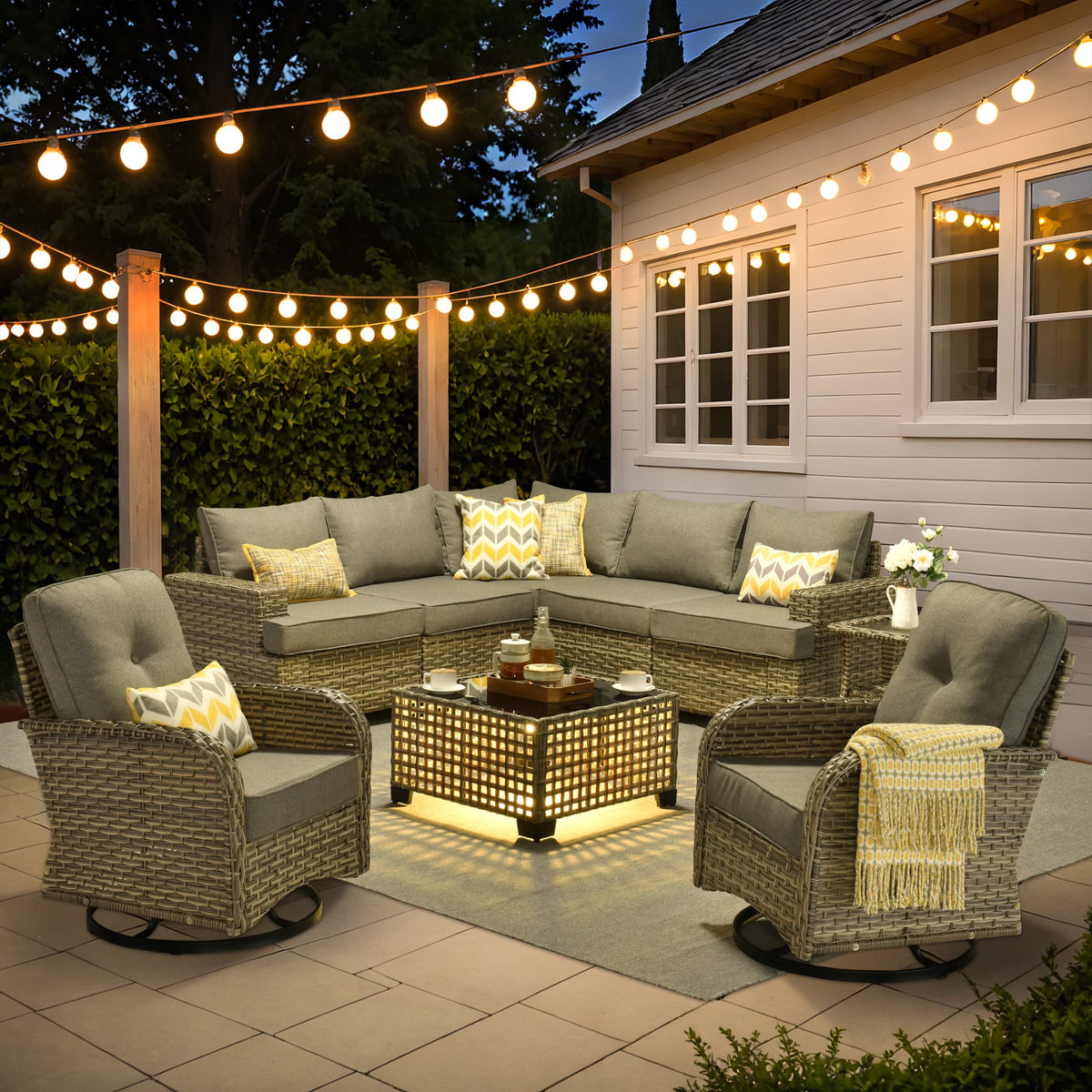 Ovios - 9 PCS Patio Furniture Set, Wicker Sectional Sofa with Swivel Chair, Side Table & Solar Table - Dark Gray