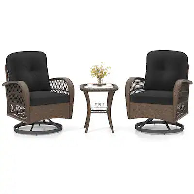 Costway - 3 PCS Patio Swivel Rocker Set Gliding Bistro Furniture Set with Tempered Glass Table
