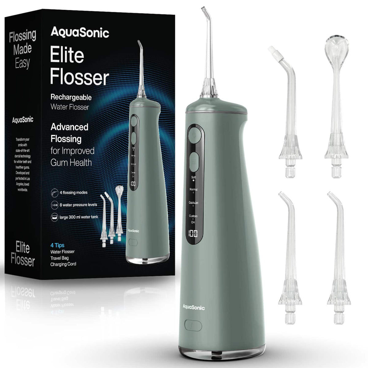 AquaSonic - Elite Rechargeable Water Flosser - 300ml Tank, 4 Tips, Travel Bag - Green