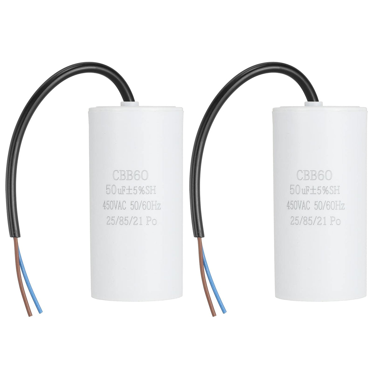 Unique Bargains - 2pcs 50uF CBB60 Run Capacitor, AC 450V 2 Wires 50/60Hz Cylinder 102x50mm for Air Compressor, Water Pump - White