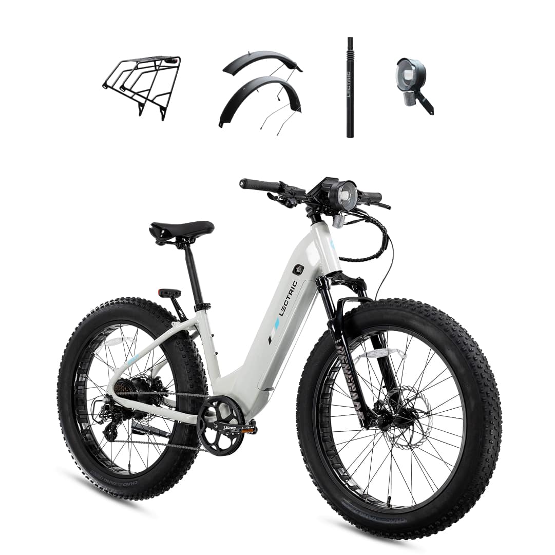 Lectric eBikes - XPeak2 Step-Thru Long-Range eBike (Max 80mi/28mph) + Rear Rack/Fenders/Elite Headlight/Suspension Seat Post - 70 - Stratus White