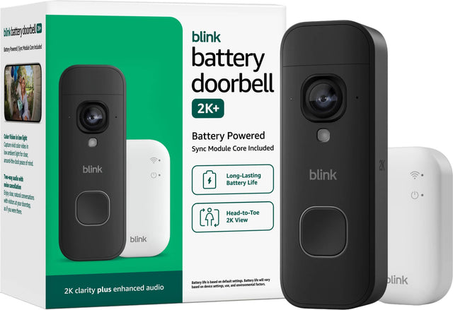 blink battery doorbell 2K+  
Battery Powered  
Sync Module Core Included  

Color Vision in low light  
Capture wide color video in low ambient light for clear  
around-the-clock peace of mind.  

Two-way audio with noise cancellation  
Enjoy clear, natural conversations with visitors at your doorstep, as if you were there.  

2K clarity plus enhanced audio  

Long-Lasting Battery Life  
Head-to-Toe 2K View  

Battery life is based on default settings. Battery life will vary based on device settings, use, a