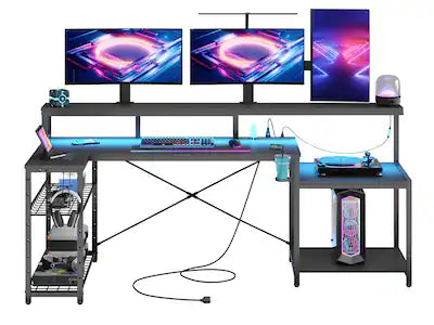 Bestier - L-Shaped Gaming Desk with Power Outlets, LED Lighting and Monitor Stand