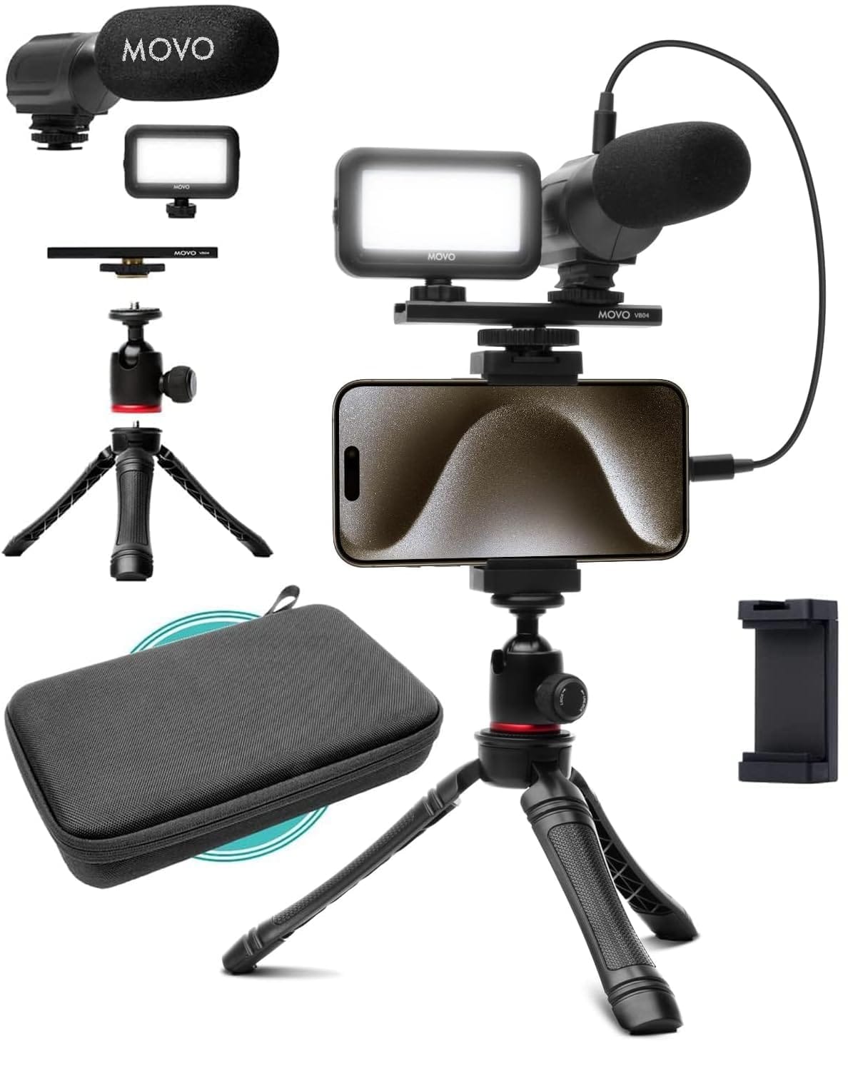 MOVO - USB-C Vlogging Kit for iPhone 15/16 - Phone Video Kit Accessories: Phone Tripod, Phone Mount, LED Light