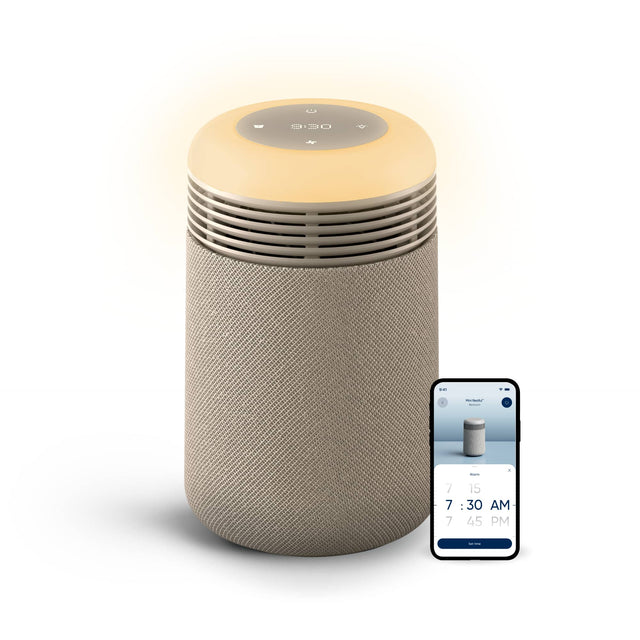 Front. Blueair - Blueair Smart Mini Restful Air Purifier with Sunrise Clock, Beige, for Bedrooms up to 607 sq ft - Beige.