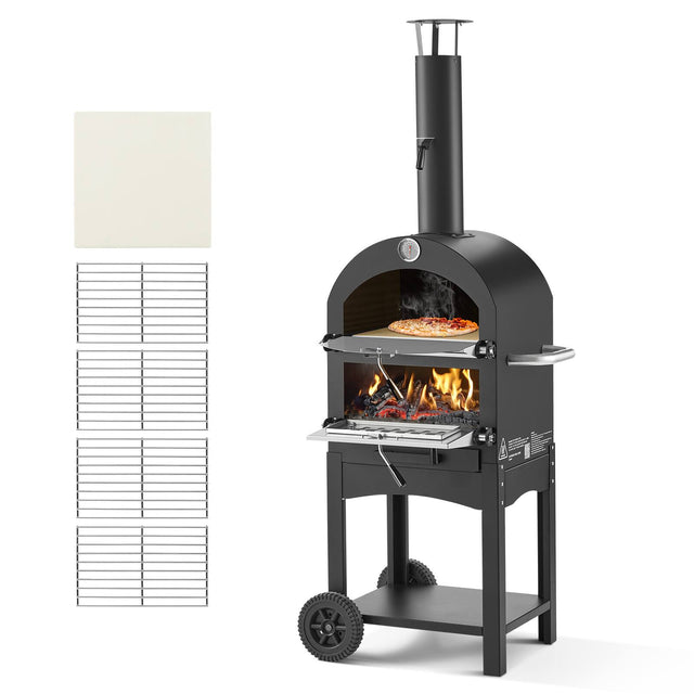 Front. VEVOR - Outdoor Pizza Oven, 12" Pellet Fire Ovens, 2-Layer Pizza Oven Wood Fired, Wood Burning Outdoor Pizza-Oven with 2 Wheels - Black.