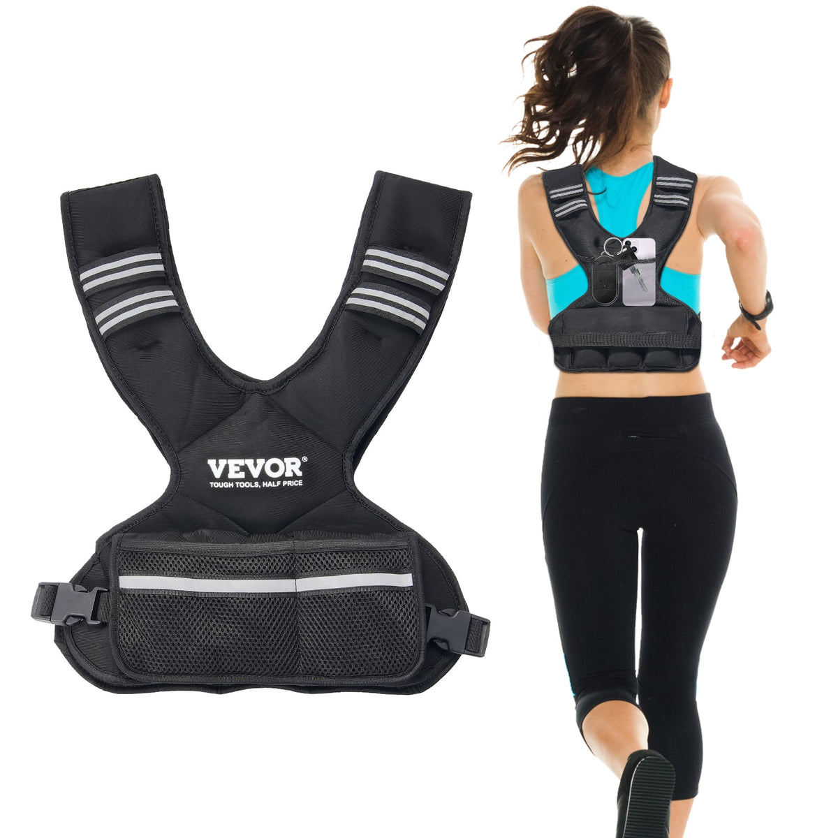 VEVOR - Adjustable Weighted Vest, 11-20lb Weight Vest with 6 Ironsand Weights and Reflective Stripe - Black