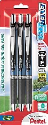 Deluxe ENERGEL  
3 RETRACTABLE GEL PENS  
Super-Smooth Ink  
Light Flex Needle Tip  
F (Fine)  
Quick Drying  
Great for Lefties  
Latex-Free Grip  
54% Recycled Plastic  
Black Ink  
Spirits of Wonder  
Pentel