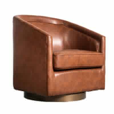 Emma + Oliver - Della Club Style Barrel Accent Chair with 360 Degree Swivel Brushed Gold Vinyl Wrapped Base and Sloped Armrests
