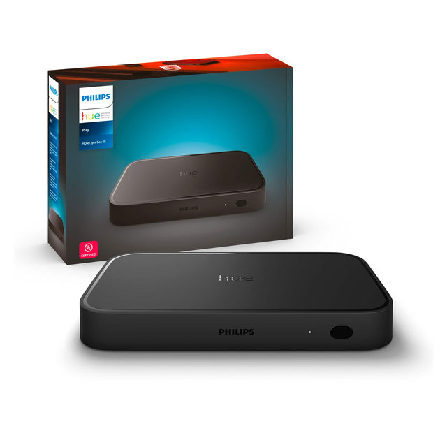 A Philips hue box is shown next to a Philips hue device.