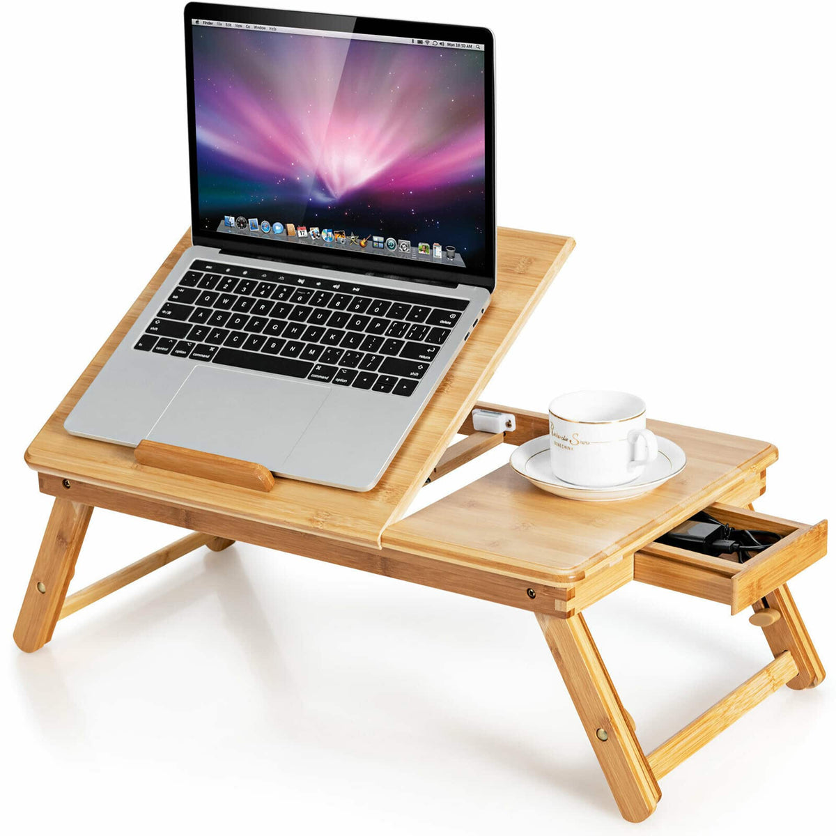Gymax - Bamboo Laptop Desk Adjustable Folding Bed Tray w/Drawer Heat Dissipation - Natural