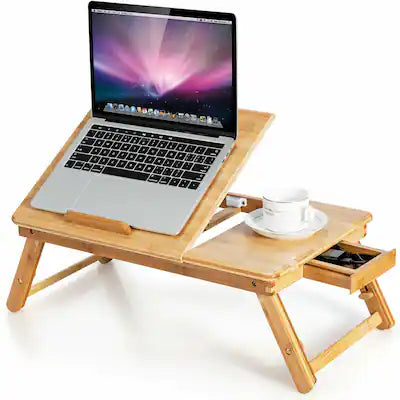 Gymax - Bamboo Laptop Desk Adjustable Folding Bed Tray w/Drawer Heat Dissipation