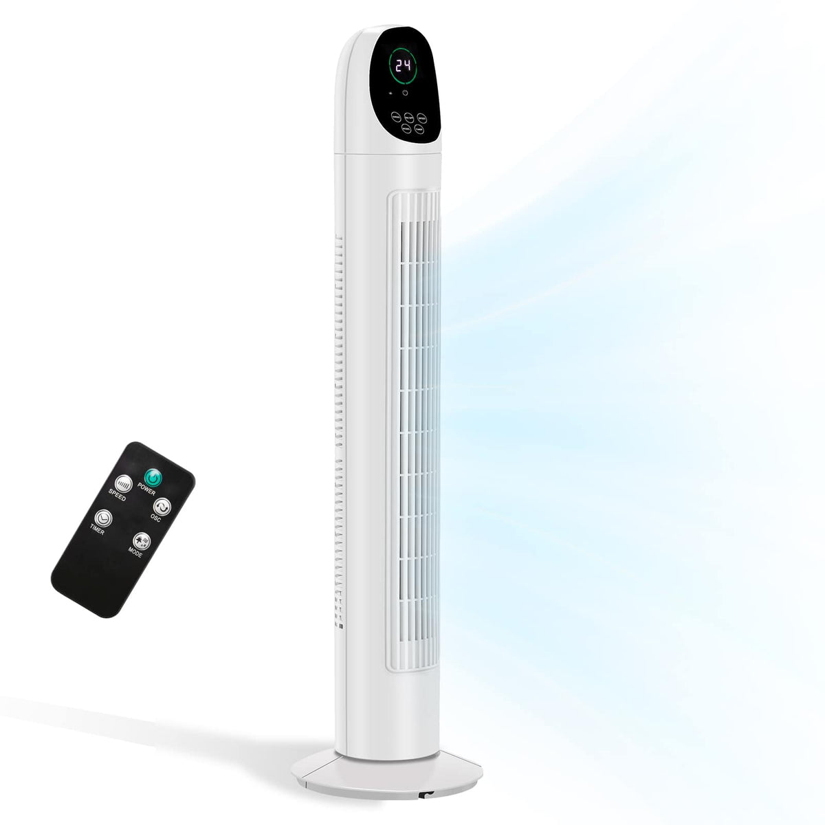 Winado - 34 inch Bladeless Tower Fan, Portable Floor Fan with Remote Control, LED Display, Adjustable 90° Oscillating, 3 Speeds - White & Black