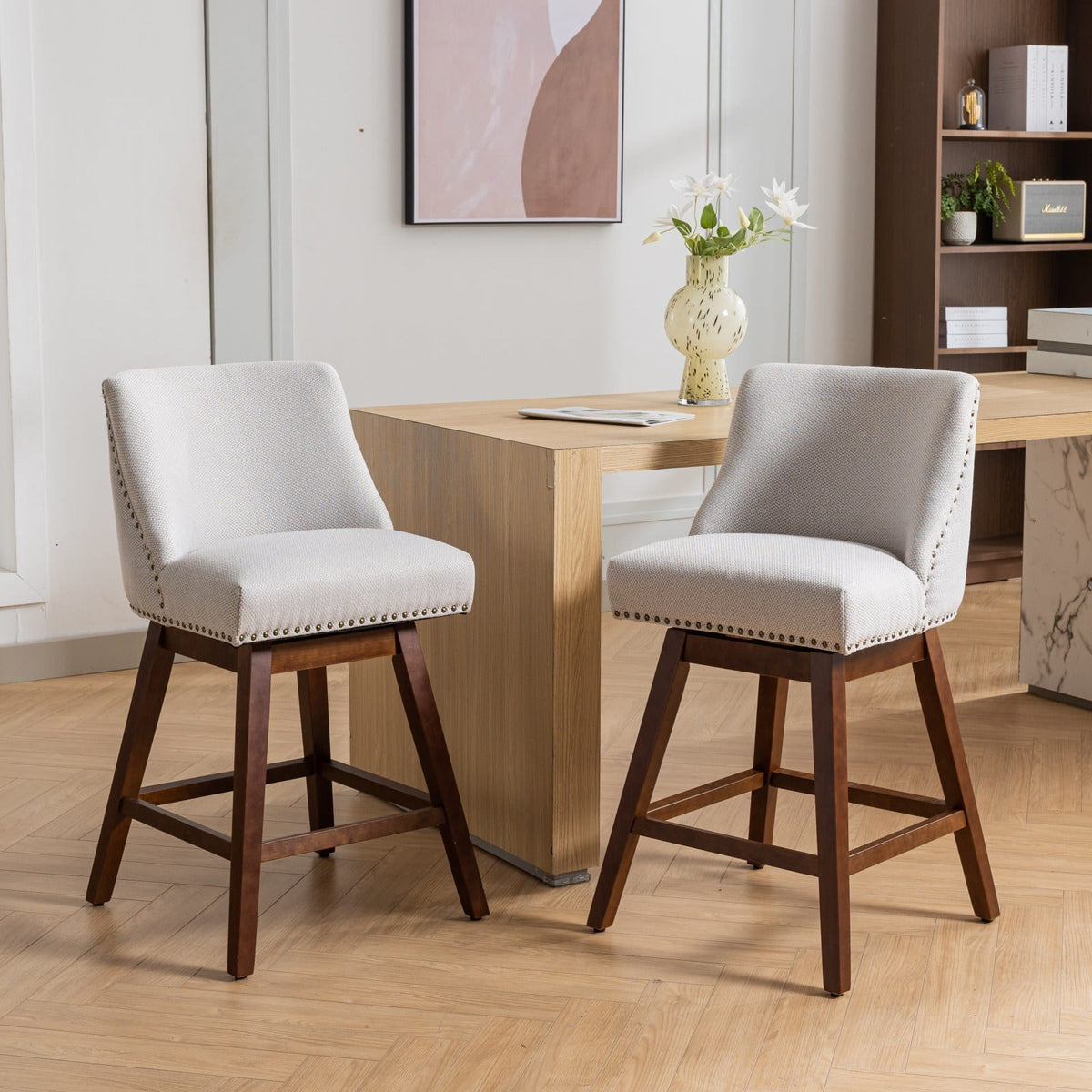 Trinkets Crazed - Counter Height Swivel Barstools Set of 2, 26'' H Seat Height Upholstered Bar Stools, Fabric - Beige