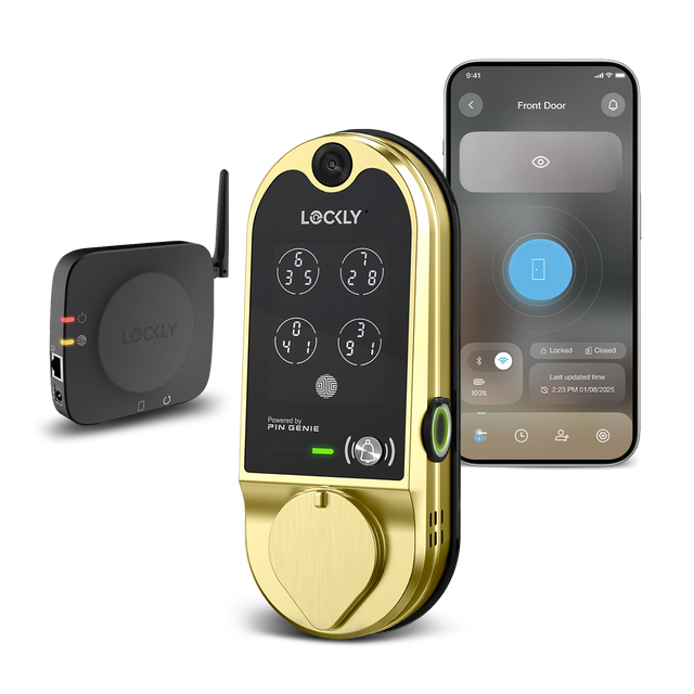 9:41 Front Door LOCKLY 6 3 5 7 2 8 LOCKLY 0 4 1 3 9 : - Locked 1 Closed 100% Last updated time 2-23 PM 01/08/2025 Powered by PIN GENIE