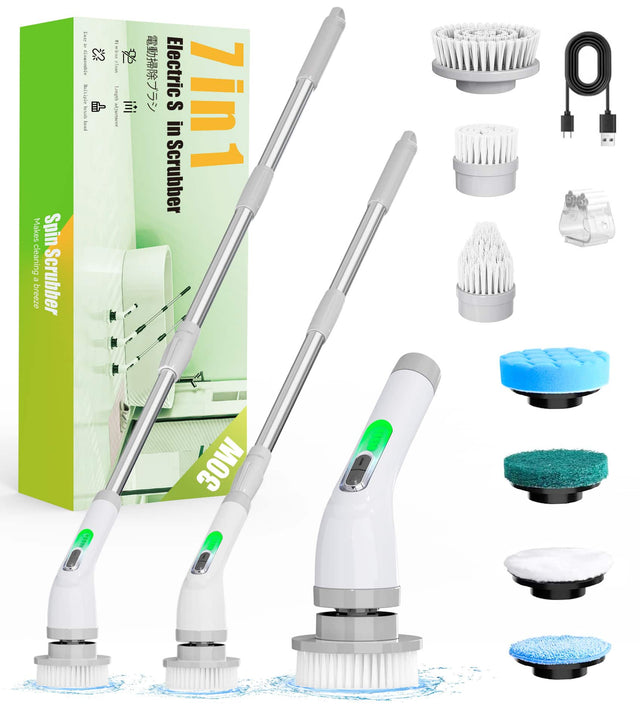Makes Spin cleaning a breeze Scrubber 8 1 S sasobie 11  Ro E -    i Lengrh E: i  Electric S in 7in1 Scrubber Q E 30W