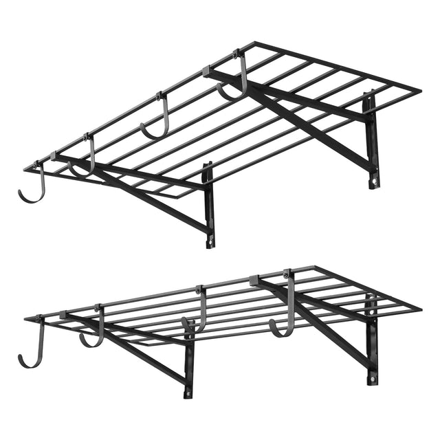 Front. VEVOR - 2-Tier Heavy Duty Wall Garage Shelving, 2 x 4 ft Steel Wall Mounted Shelving Unit with Hooks, 24 x 48 Inch Per Shelf - Black.
