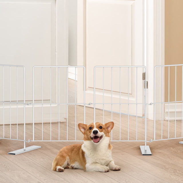 Front. Oumilen - 4 Panels Expandable Metal Dog Gate, Freestanding Foldable Pet Barrier Fence for Small, White - White.