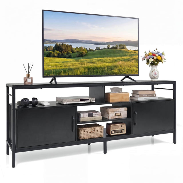 Front. Gymax - Gymax Industrial TV Stand for TVs up to 65'' Media Center w/Cabinets &?Adjustable Shelf - Black.