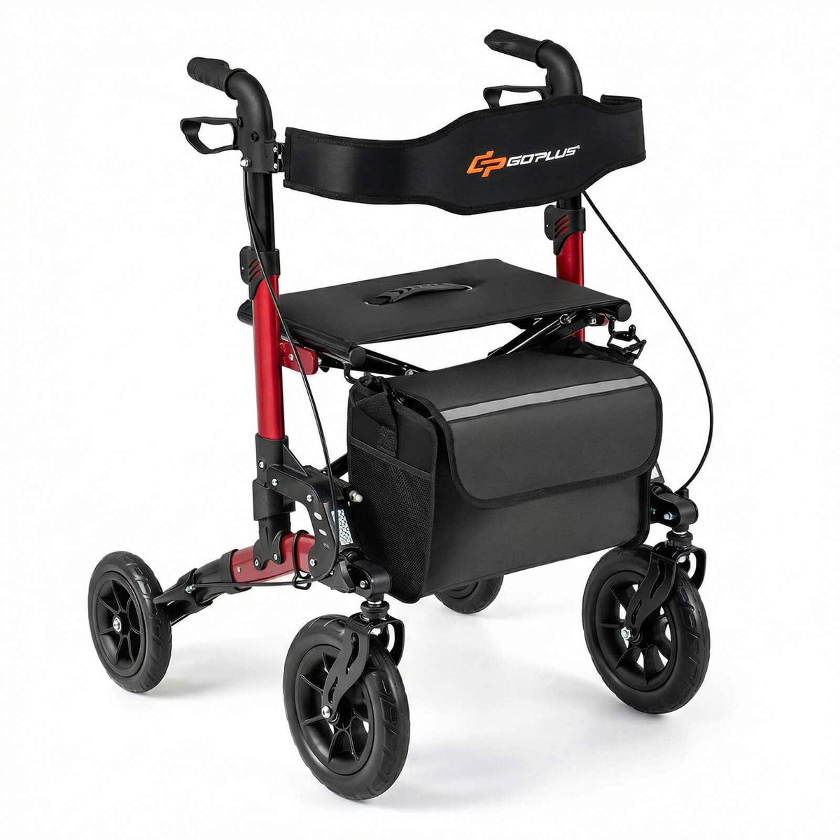 Costway - Rollator Walker for Seniors with Seat Mesh Backrest Spring Suspension Cane Holder - Red + Black