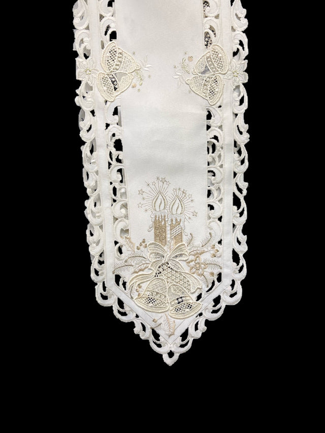Front. Jiallo - Christmas Candle Beige Lace Embroidered Cutwork Rectangular Table Runner, 15 by 43  inch Table Linen - Beige.