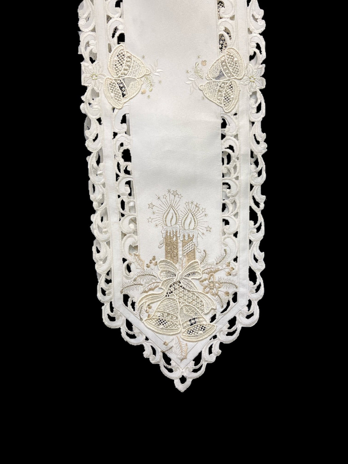 Jiallo - Christmas Candle Lace Embroidered Cutwork Rectangular Table Runner, 11 by 64 inch Table Linen - Beige