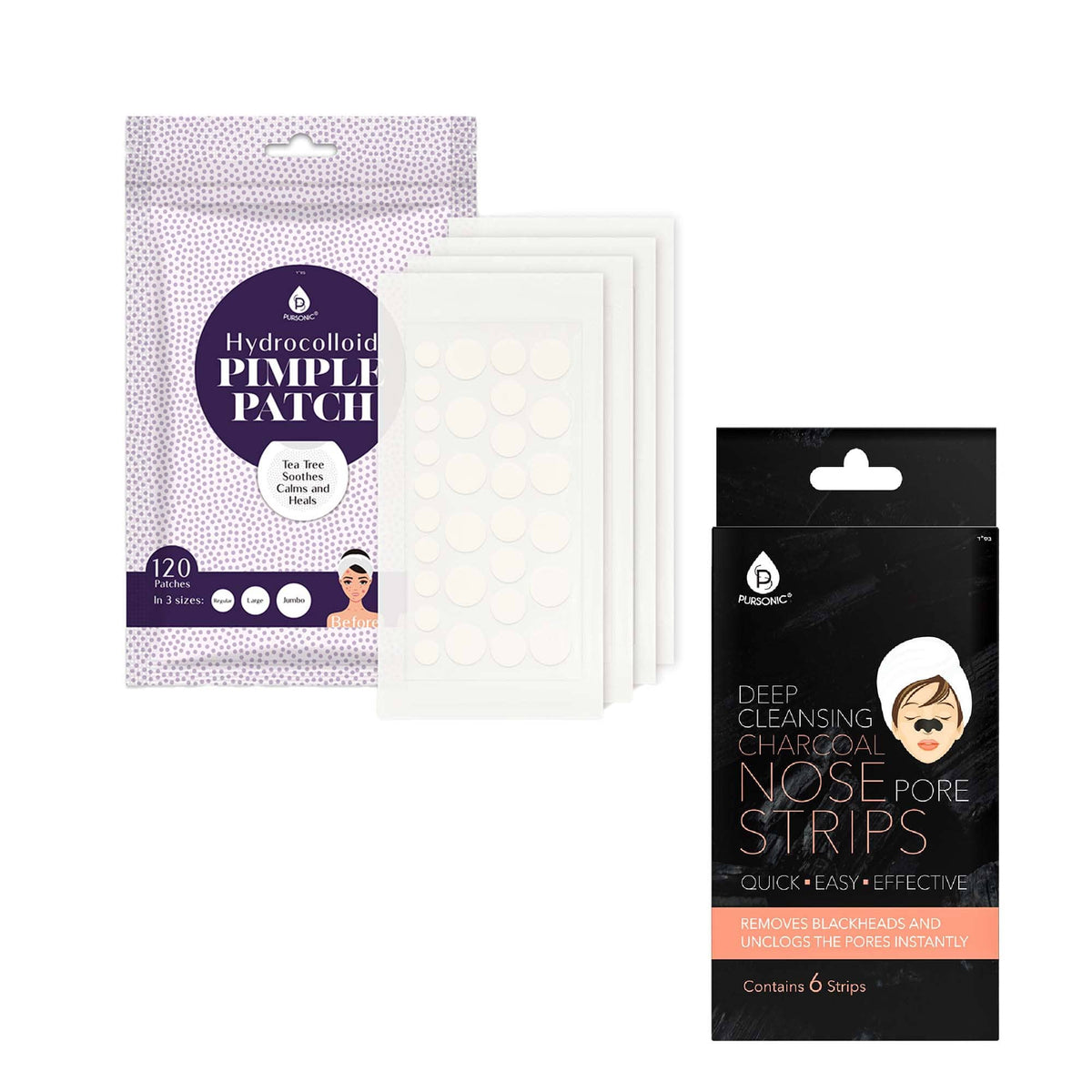 Pursonic - Deep Cleansing Charcoal Nose Pore Strip 6-Pack & Hydrocolloid Pimple Patch, 120-Count - Multicolor