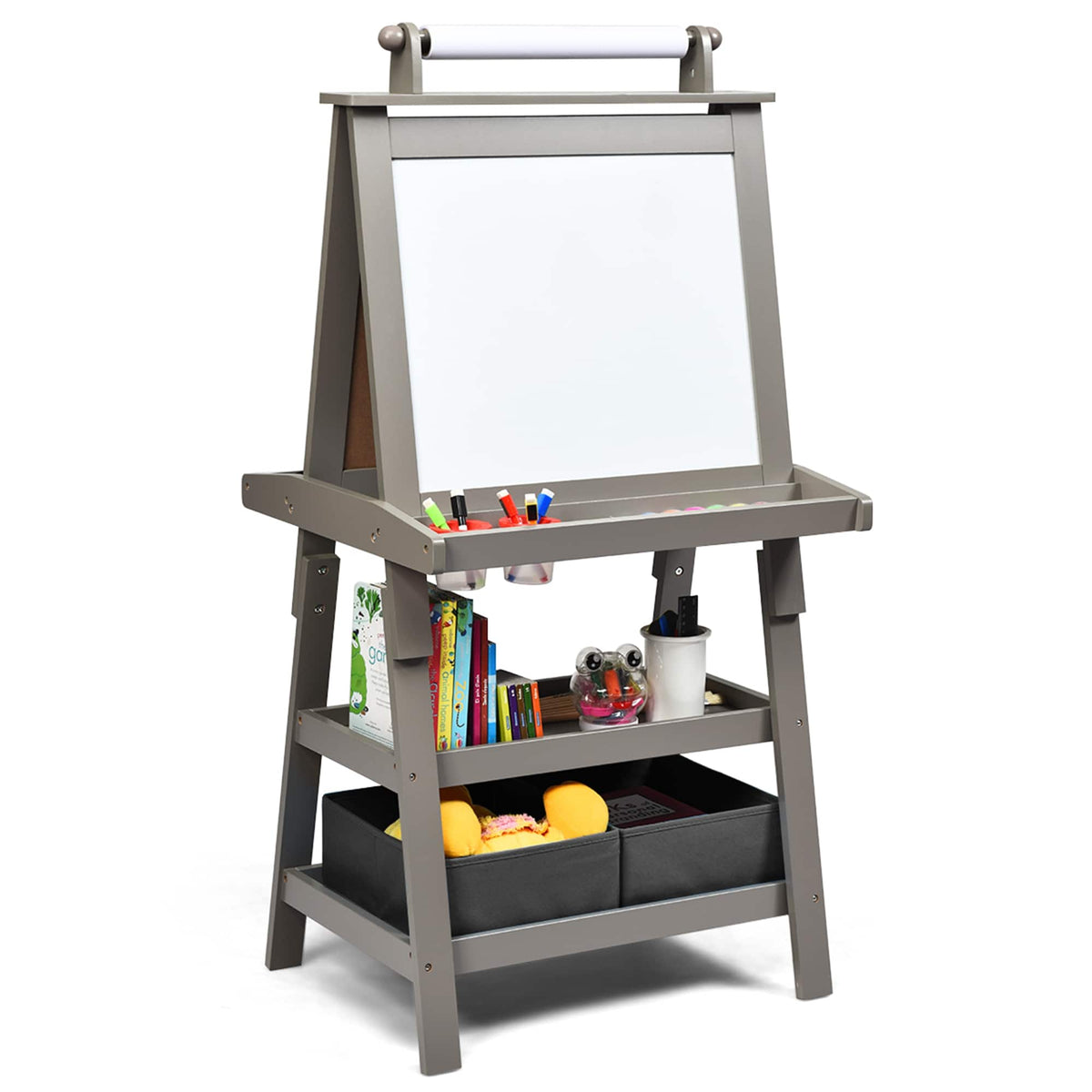 Costway - 3 in 1 Double-Sided Wooden Kid's Art Easel Whiteboard Grey - Gray