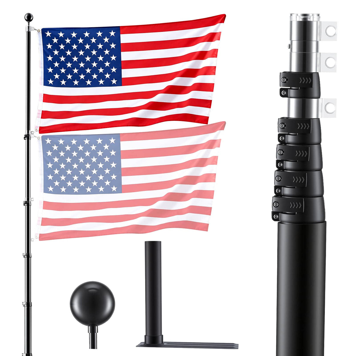 VEVOR - Flag Pole, 20ft Heavy Duty Telescopic Flagpole Kit with Mounting Base for Vehicles, Extra Thick Outdoor Aluminum - Black