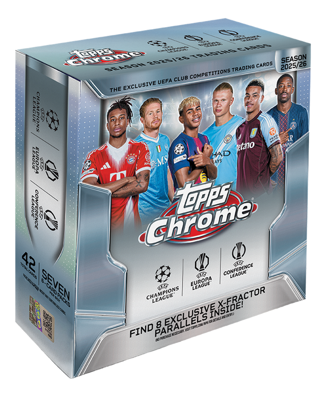40 M A0 EALIA EMAR CARDS Chrome 10PPS /28 TRADING SEASON 2025/26 CARDS 2025/26 SEASON TRADING CLUB COMPETITIONS UEFA THE EXCLUSIVE LEAGUE CHAMPIONS 3 TN IA R I etano HAD LEAGUE EUROPA UE AN -MS AYS m LEAGUE CONFERENCE A TePPS Chrome 42 TOTAL CONFERENCE CAPES LEAGUE 6 EUROPA SEVEN VE -CARD N PER N PACKS CHAMPIONS LEAGUE X-FRACTOR ! 0 EXCLUSIVE INSIDE! DETALSAND UnO AOR PARALLELS 8 M0.299CT FIND VIST NEGESSARY O PURCHASE

---

**Corrected Text:**

Topps Chrome  
Season 2025/26  
The Exclusive UEFA Club Compet