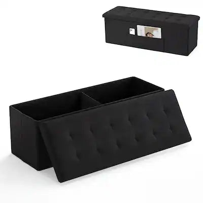 Costway - 43" Folding Storage Ottoman Bench, Linen End of Bed Bench with Padded Seat, Pocket