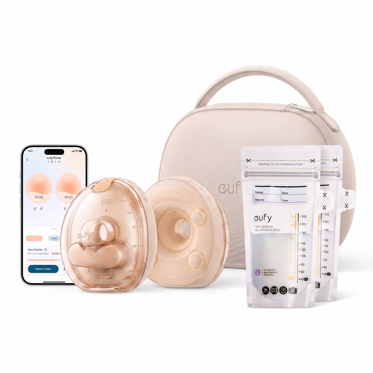 eufy - Heated Wearable Breast Pump S2 Pro with 240 Milk Storage Bag, Hands‑Free, HeatFlow™ Tech, Wireless Charging Case - Brown