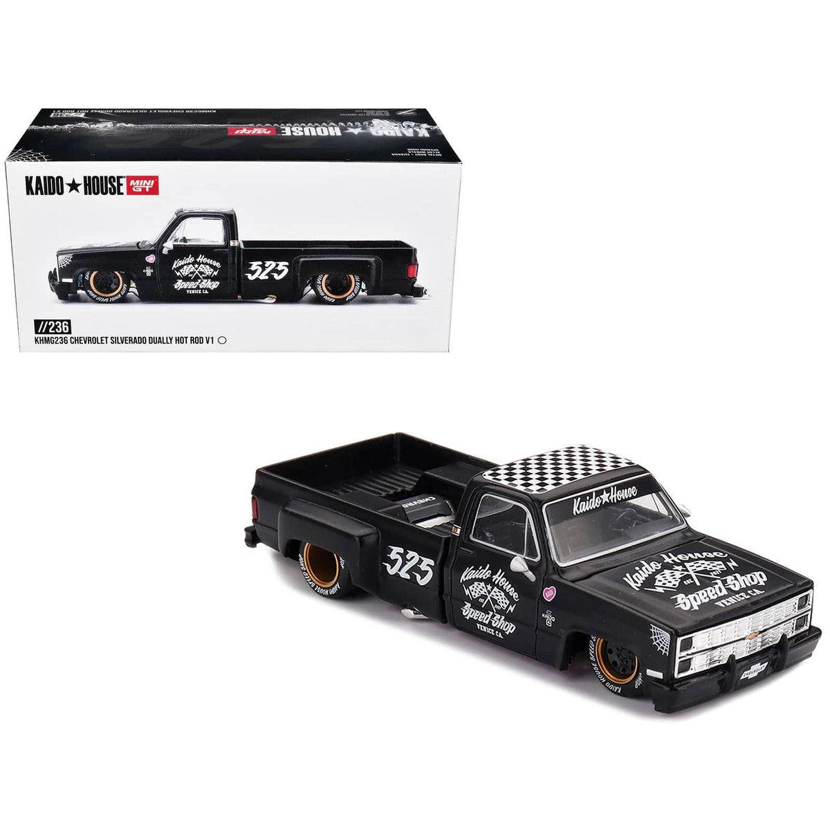 True Scale Miniatures - Chevrolet Silverado Dually Truck Matt Black with Checkered Top and Graphics 1/64 Diecast Model Car by Mini GT