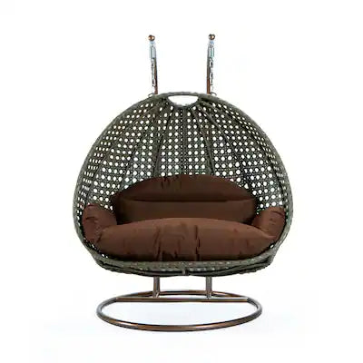 LeisureMod - 2-Person Wicker Egg Swing Chair with Stand & Washable Cushions - Indoor/Outdoor Double Hanging Patio Chair