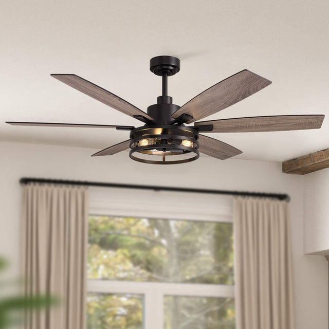 Front. Siljoy - 60-Inch Matte Black Farmhouse Cage Ceiling Fan with Light 6 Big Dual Color Blades for Living Room Bedroom Kitchen Patio - Black.