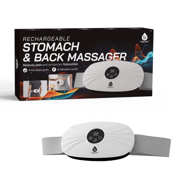 RECHARGEABLE PURSONIC STOMACH & BACK MASSAGER  
Relieves pain and enhances Relaxation.  
9 Intensity Levels  
6 Vibration Levels