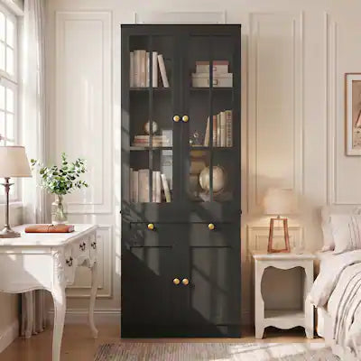 Aheaplus - 80'' Tall Farmhouse Bookcase with Drawer, Glass Doors, and Adjustable Shelves
