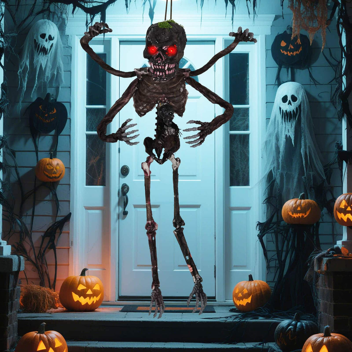 Costway - 6 FT Animated Halloween Decoration Hanging Zombie Light-up Eyes Poseable Arms - Black