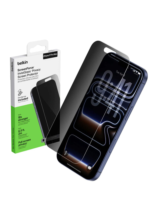 17 Pro Max iPhone Belkin ScreenForce Privacy InvisiGlass Protector Screen avec filtre d'écran InvisiGlass Protecteur de confidentialité de Align w Easy included gne Susue - L - 18x stronger traditional glass - AUa - L M today 6.5 ft. 2m protection? For drce - P - Protection française Ready Full screen privacy - Tue vil A Apr L4 o