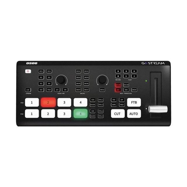- osee
- GIOSTREAM
- MIC1
- MIC2
- MEM1
- MEM2
- MEM3
- MEM4
- MEM5
- MEM6
- MEMT
- MEMT
- MENU
- KEY
- DSK
- BKGD
- RECORD
- PLAT
- ONAIR
- ONAIR
- LIVE
- AUX
- PGM
- AFV
- ON
- STREAM
- AUDIO MIX
- MACRO
- NEXT TRANSITION
- PGM
- 1
- 2
- 3
- 4
- AUX BLACK
- STILL1
- STILL2
- MIX WIPE
- DIP PREV
- FTB
- PVM
- 1
- 2
- 3
- 4
- AUX BLACK
- STILL1
- STILL2
- CUT
- AUTO