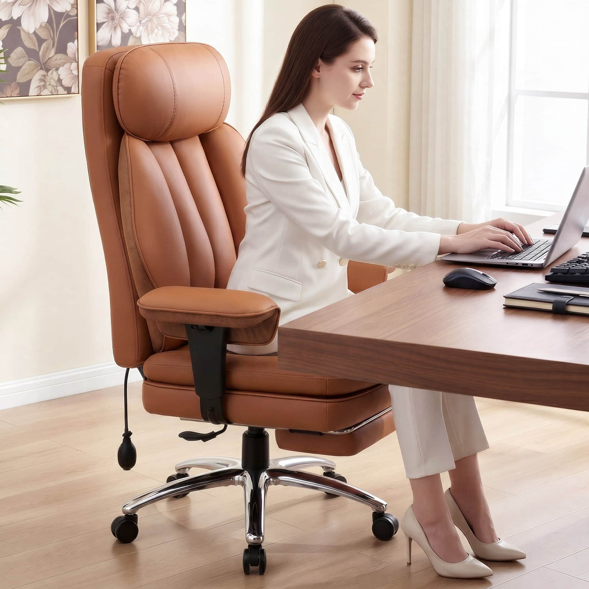 KERDOM - Ergonomic Office Chair With Inflatable Lumbar & Adjustable Armrest, PU Leather Computer Desk Chair with Footrest - Brown