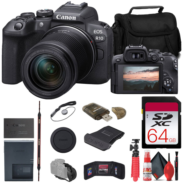 Canon EOS R10 RF-S 18-150mm Lens F3.5-6.3 IS STM  
Canon 64GB SDXC Card  
Canon Battery Grip BG-E27  
Canon Lens Hood  
Canon Lens Cap  
Canon Camera Bag  
Canon USB Cable  
Canon Cleaning Kit  
Canon Camera Strap