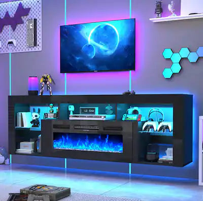 Espafurni - 71" Floating TV Stand for 85" TVs - High - Gloss, with 40" Electric Fireplace, Charging, LED & Storage